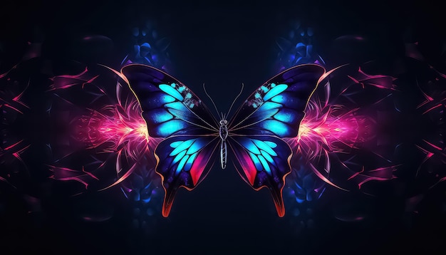 Бабочка на черном фоне в неоновом цвете концепция весны
