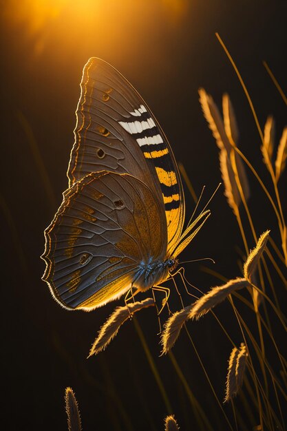 Butterfly on a blade of grass in the rays of the setting sun