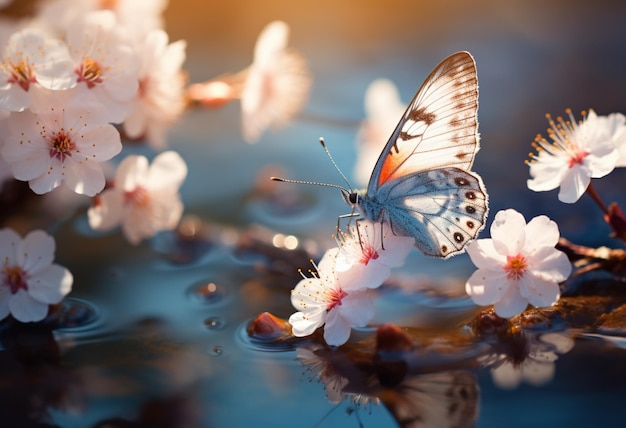 butterfly on the blossoming cherry tree in the style of soft pastel hues golden light photorealistic landscapes light indigo and pink