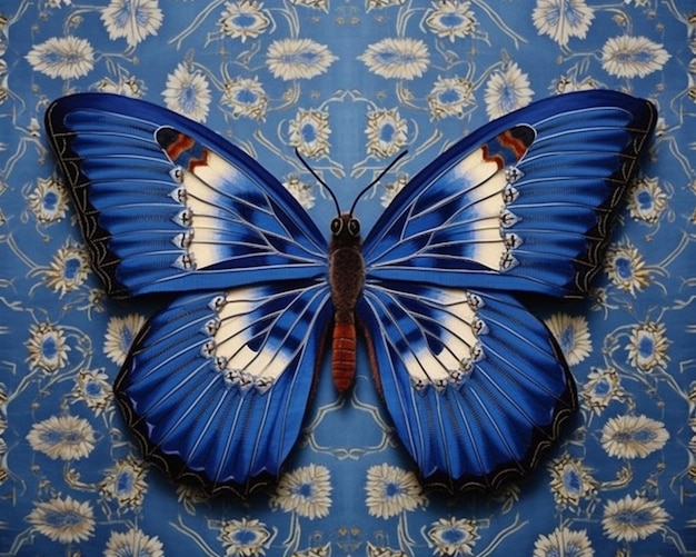 butterfly on a blue background with white flowers generative ai