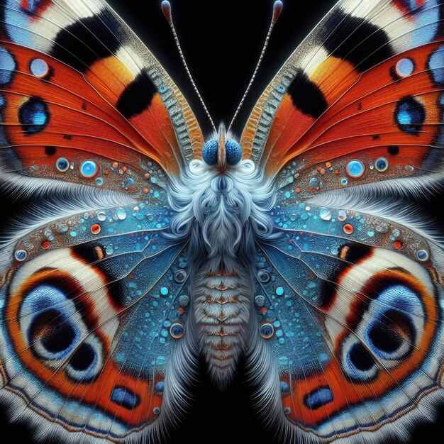 Butterfly in blue and orange colors on black background Close up macro