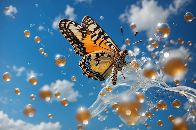 Foto farfalla nel cielo blu e bolle