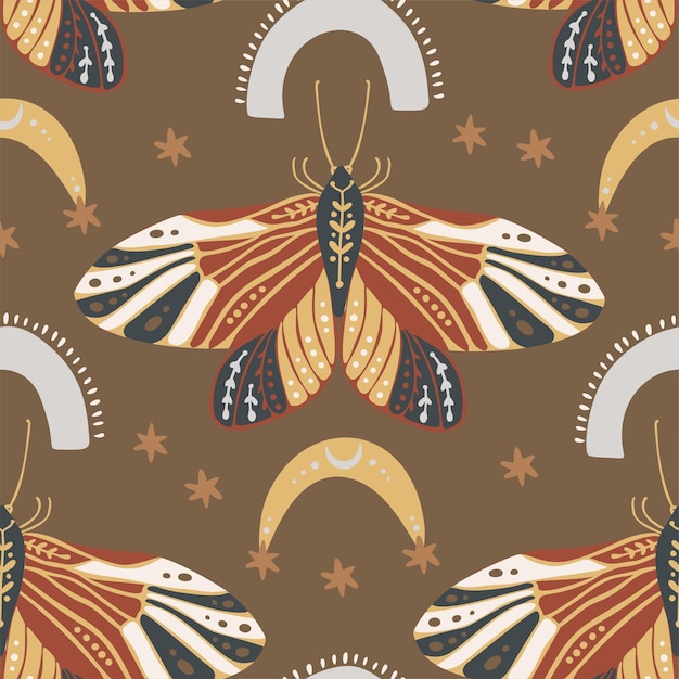 Butterfly boho insect seamless ethnic pattern decorative magic fashion textile design fabric vector