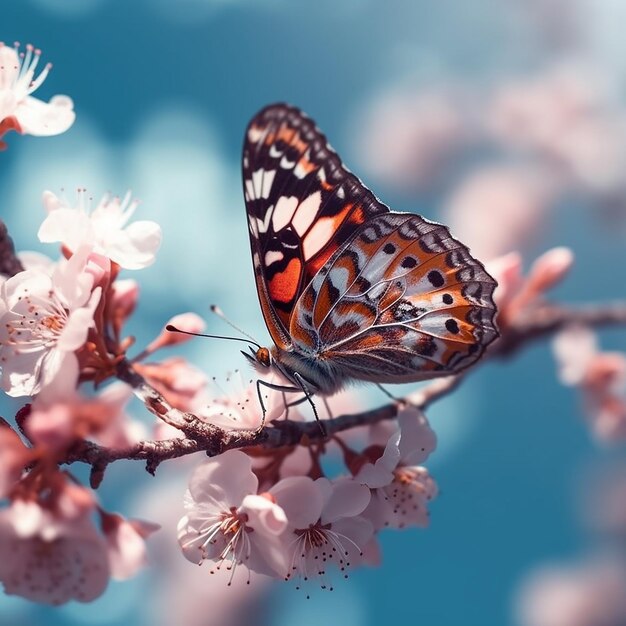 A butterfly on a branch of cherry blossoms