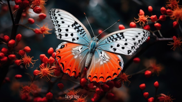 a butterfly on a branch with red berries in the background.