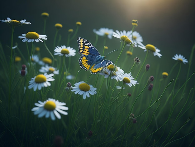 Butterfly on camomile flowers in the meadow