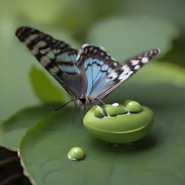 Butterfly carefully lays her eggs on a leaf AI