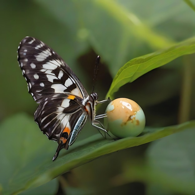 Butterfly carefully lays her eggs on a leaf AI