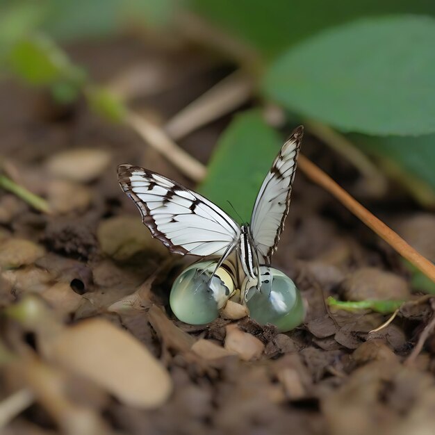 Photo butterfly carefully lays her eggs on a leaf ai