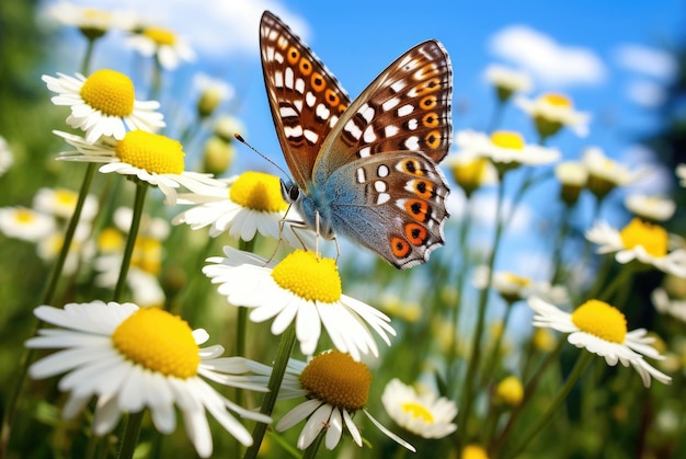 Butterfly on chamomiles in the meadow