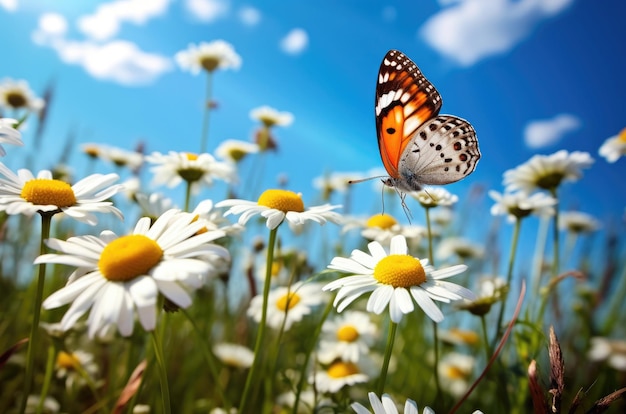 Butterfly on chamomiles in the meadow