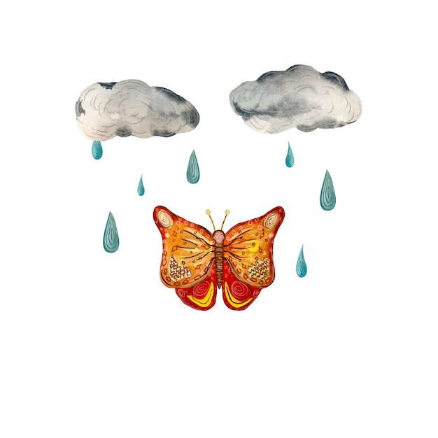 Облако бабочки, капля дождя, текстурированный эскиз дизайна. Акварельная иллюстрация. Ручной рисунок текстурированный.