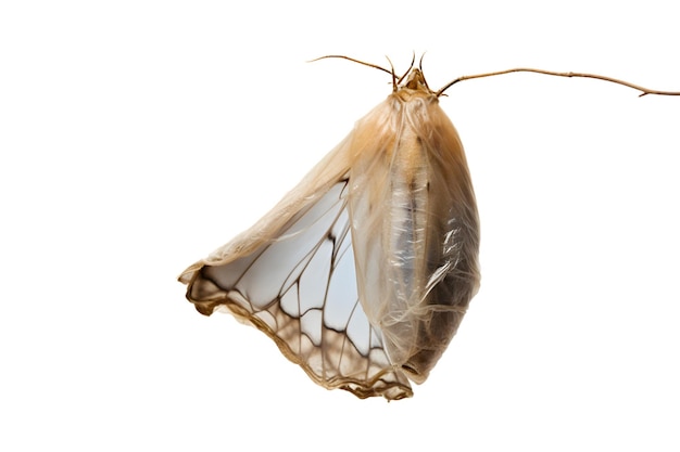 Butterfly cocoon hanging isolated on a white background