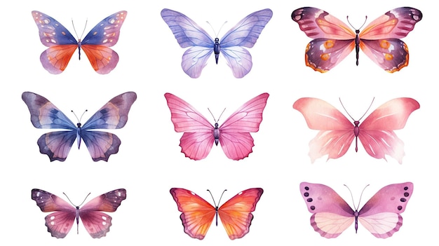 Butterfly collection Watercolor illustration Colorful Butterflies clipart set Pink butterfly Generative AI