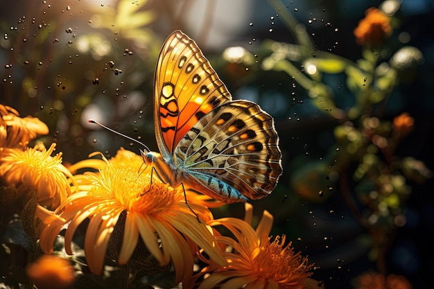 Butterfly on the colorful flowers and plants Calm nature scene with dreamy colors Generated AI