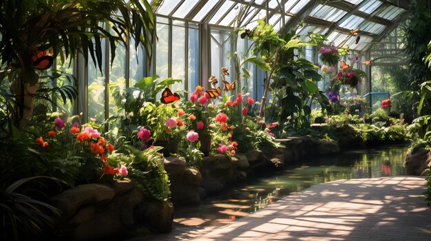 A butterfly conservatory with a variety of flowering plants