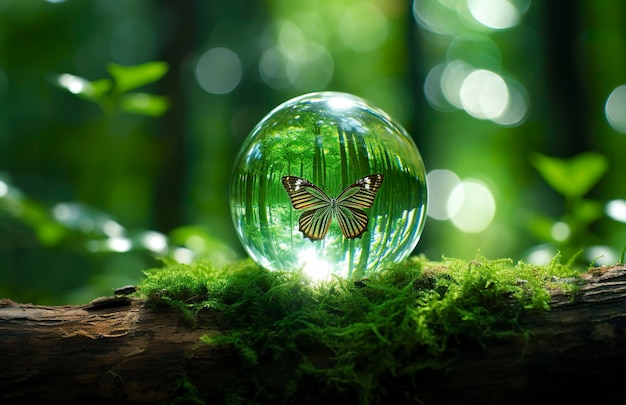 Бабочка и хрустальный шар на пне в лесу на естественном зеленом фоне Generative AI