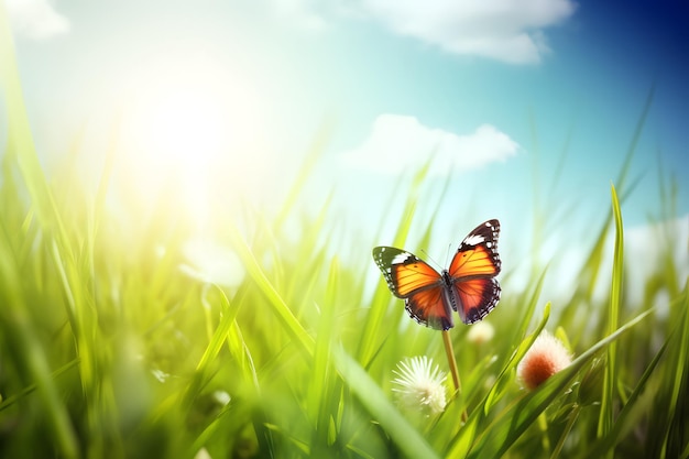 Photo a butterfly on a dandelion in a field background