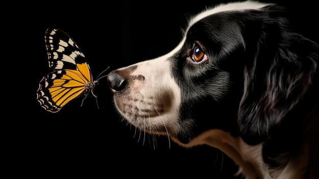 Photo butterfly on a dog nose generative ai nature
