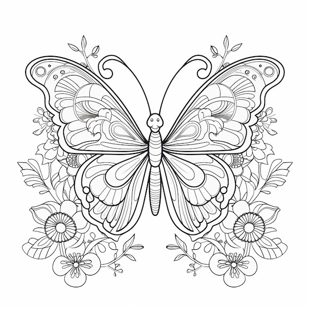 a butterfly drawing with flowers and butterflies on it