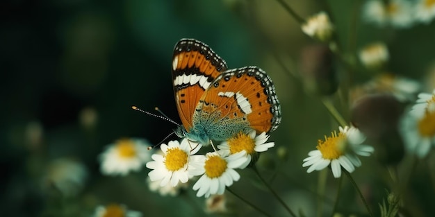 Butterfly drinking among colorful flowers