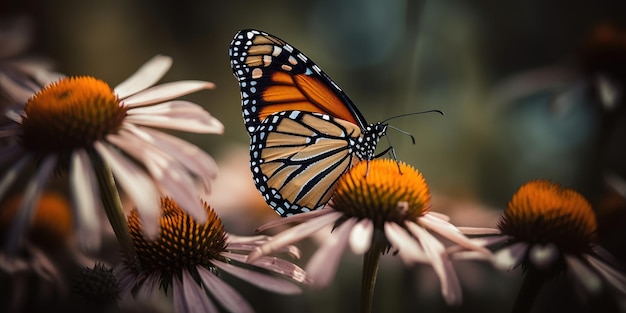 Butterfly drinking among colorful flowers