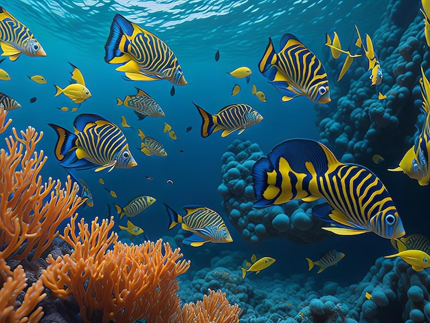 Butterfly fish gracefully gliding through a coral reef their colorful patterns catching sunlight