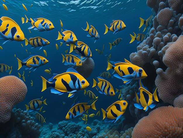 Butterfly fish gracefully gliding through a coral reef their colorful patterns catching sunlight