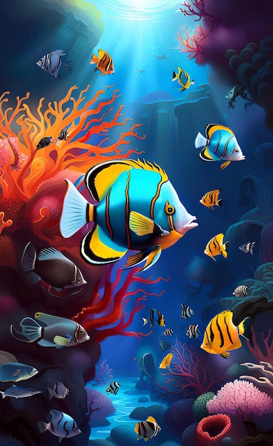 Butterfly fish gracefully gliding through a coral reef their colorful patterns catching sunlight