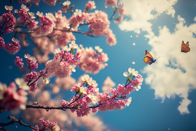 A butterfly flies over a cherry blossom tree.