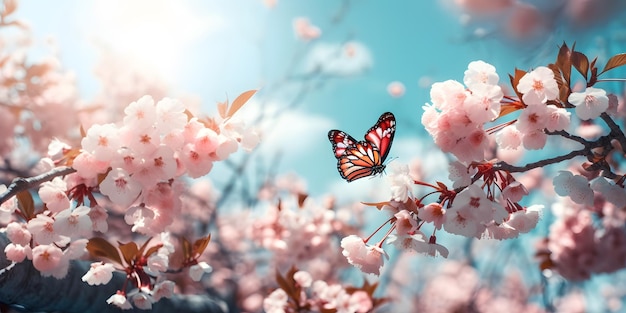 A butterfly flies over a cherry blossom tree.