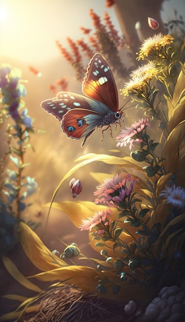 A butterfly flies over a field of flowers.