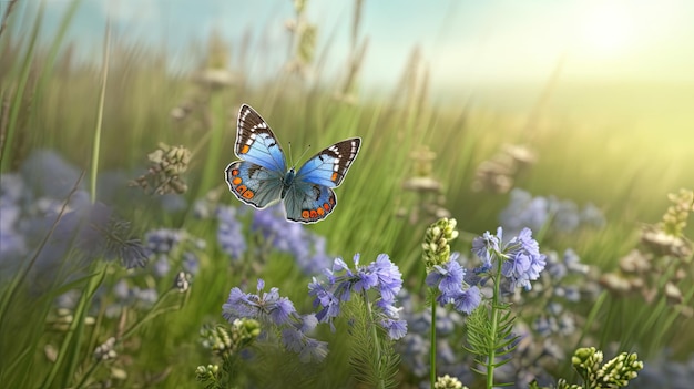 A butterfly flies over a field of purple flowers.