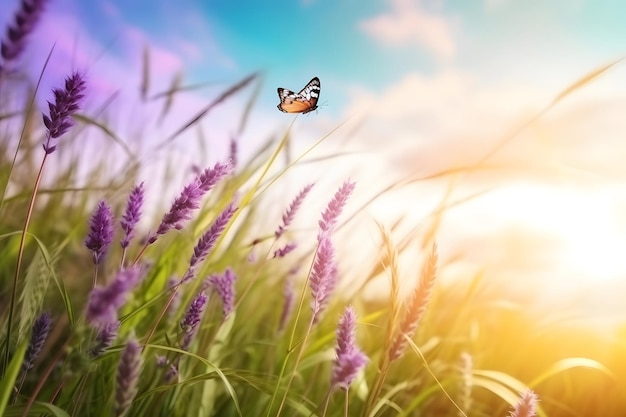 A butterfly flies over a field of purple flowers