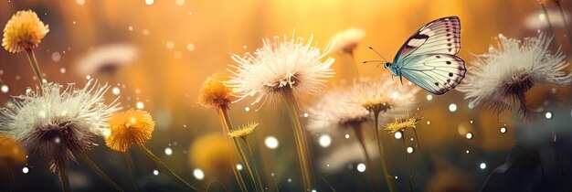 a butterfly flies among flowers and dandelion in the style of warm color palette