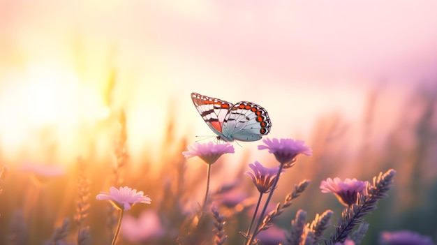 A butterfly flies over a purple flower with the sun setting behind it