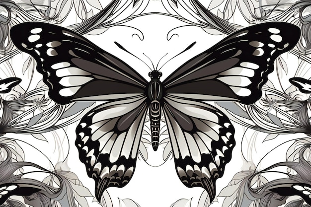 Butterfly on floral background illustration Black and white