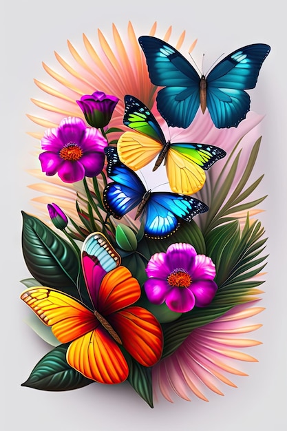 Butterfly on flower butterflies and large exotic flowers frame