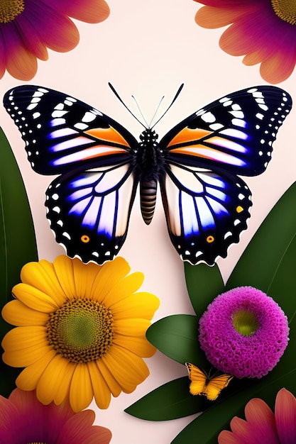 Butterfly on flower butterflies and large exotic flowers frame