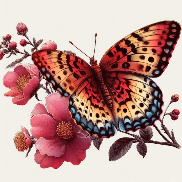 花のイラストに蝶