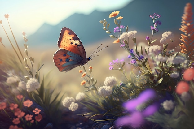 Photo a butterfly on a flower in the mountains