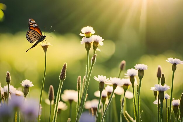 A butterfly on a flower in the sun