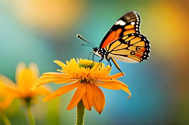 A butterfly on a flower with the background of the blue sky.