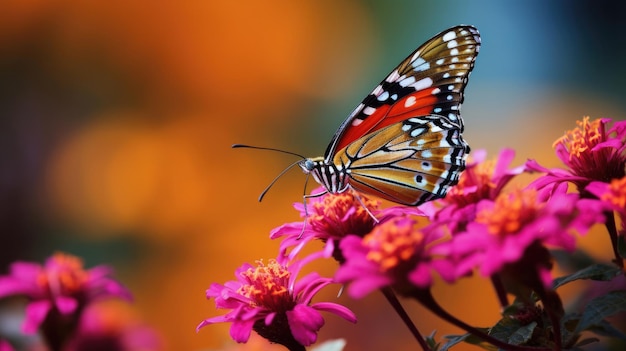 a butterfly on a flower with the background behind it