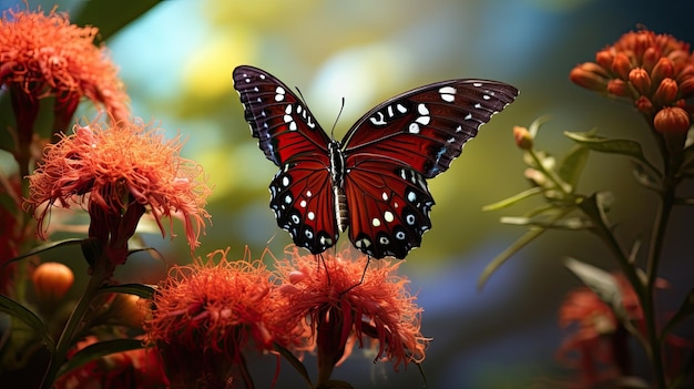 a butterfly on a flower with the background of the photo