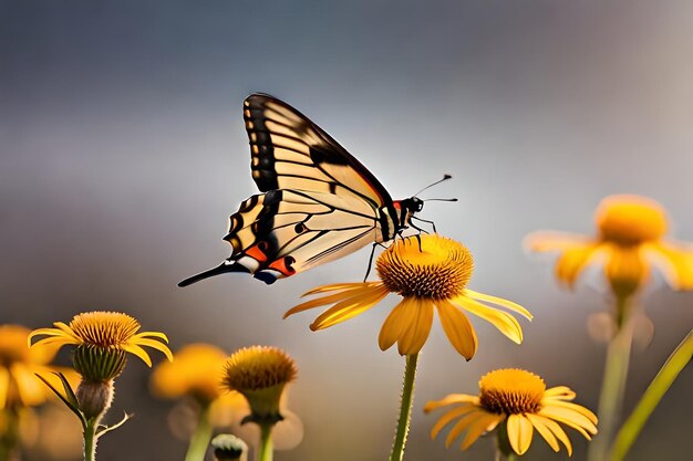 A butterfly on a flower with the background of the photo