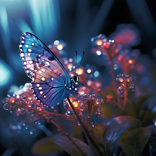 A butterfly on a flower with beads of light