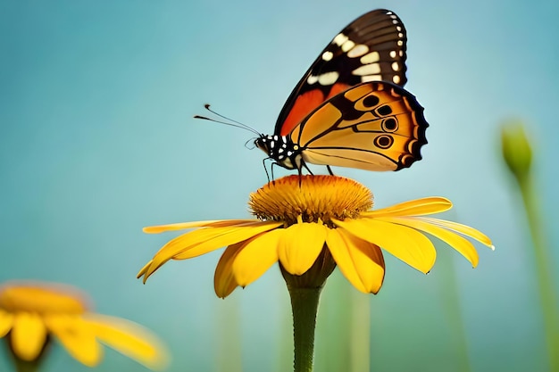 A butterfly on a flower with a blue background