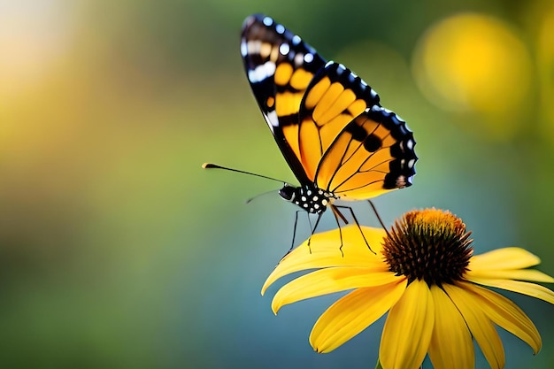 A butterfly on a flower with a green background