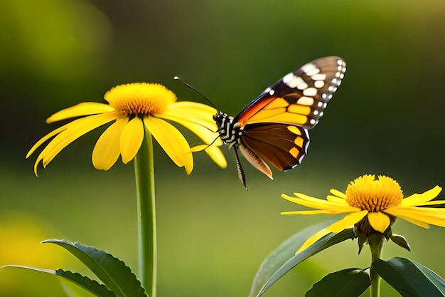 A butterfly on a flower with a green background